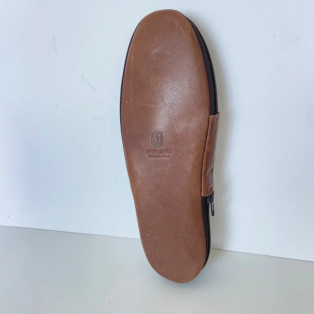 Bruno Magli Morano Mens Brown Leather Travel Slippers with Zipper Pouch Size 11